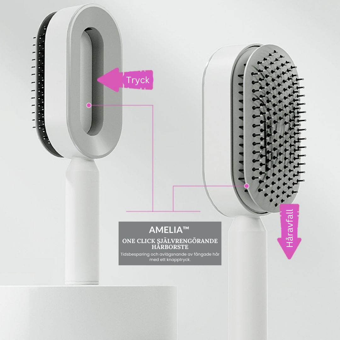 AMELIA™ – Self-Cleaning Hairbrush That Untangles in Seconds · One Click, Always Clean