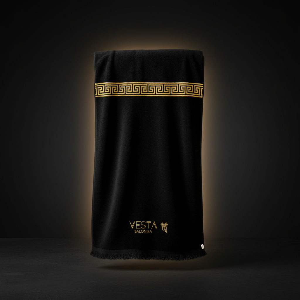 CAMPANI™ Greek Key Pattern in Gold Oversized Terry Towel in Black