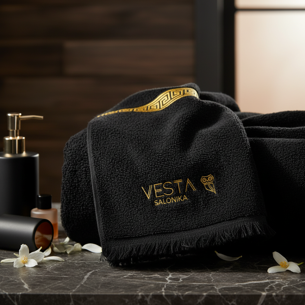 CAMPANI™ Greek Key Pattern in Gold Oversized Terry Towel in Black